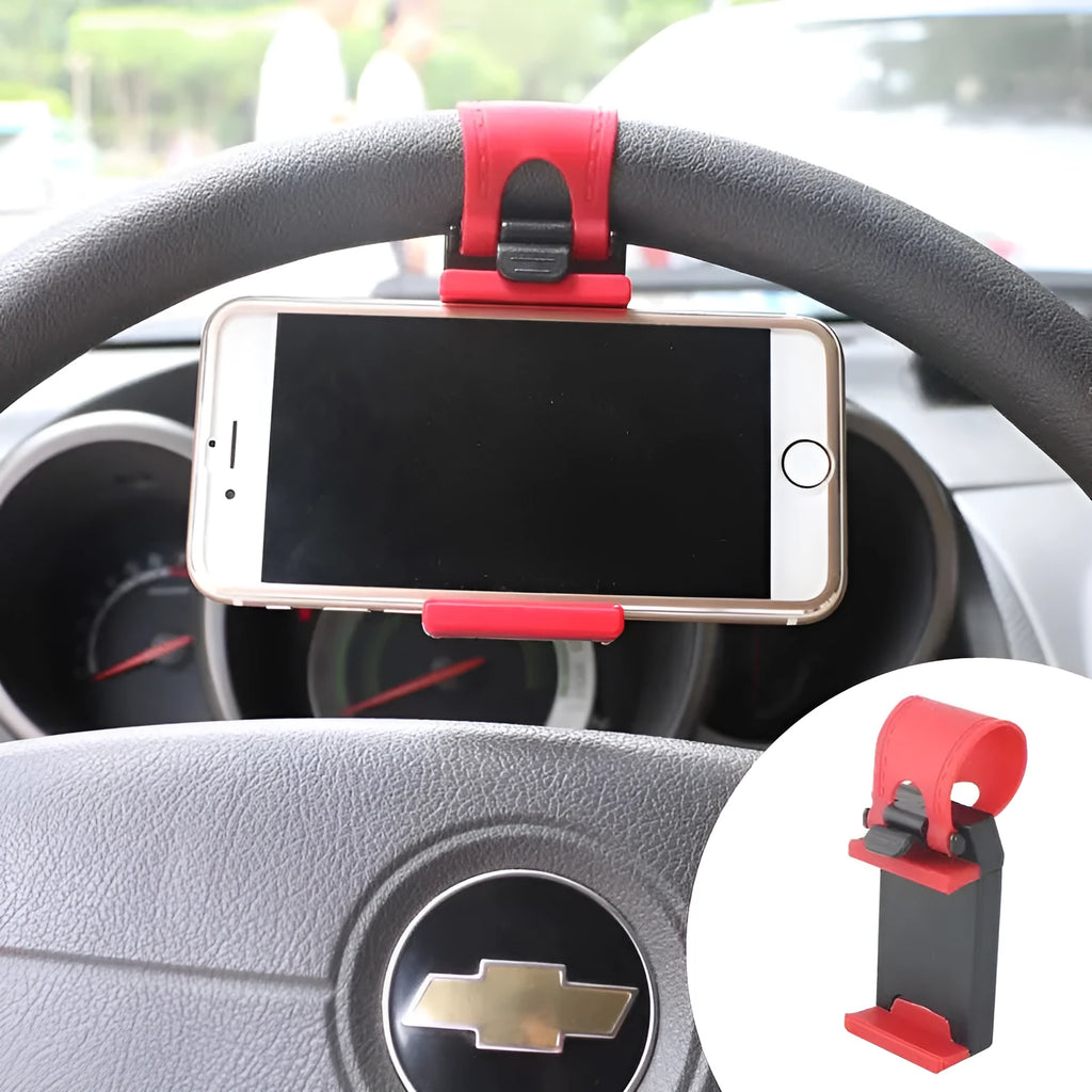 Black universal steering wheel phone clip mount holder showing phone compatibility.