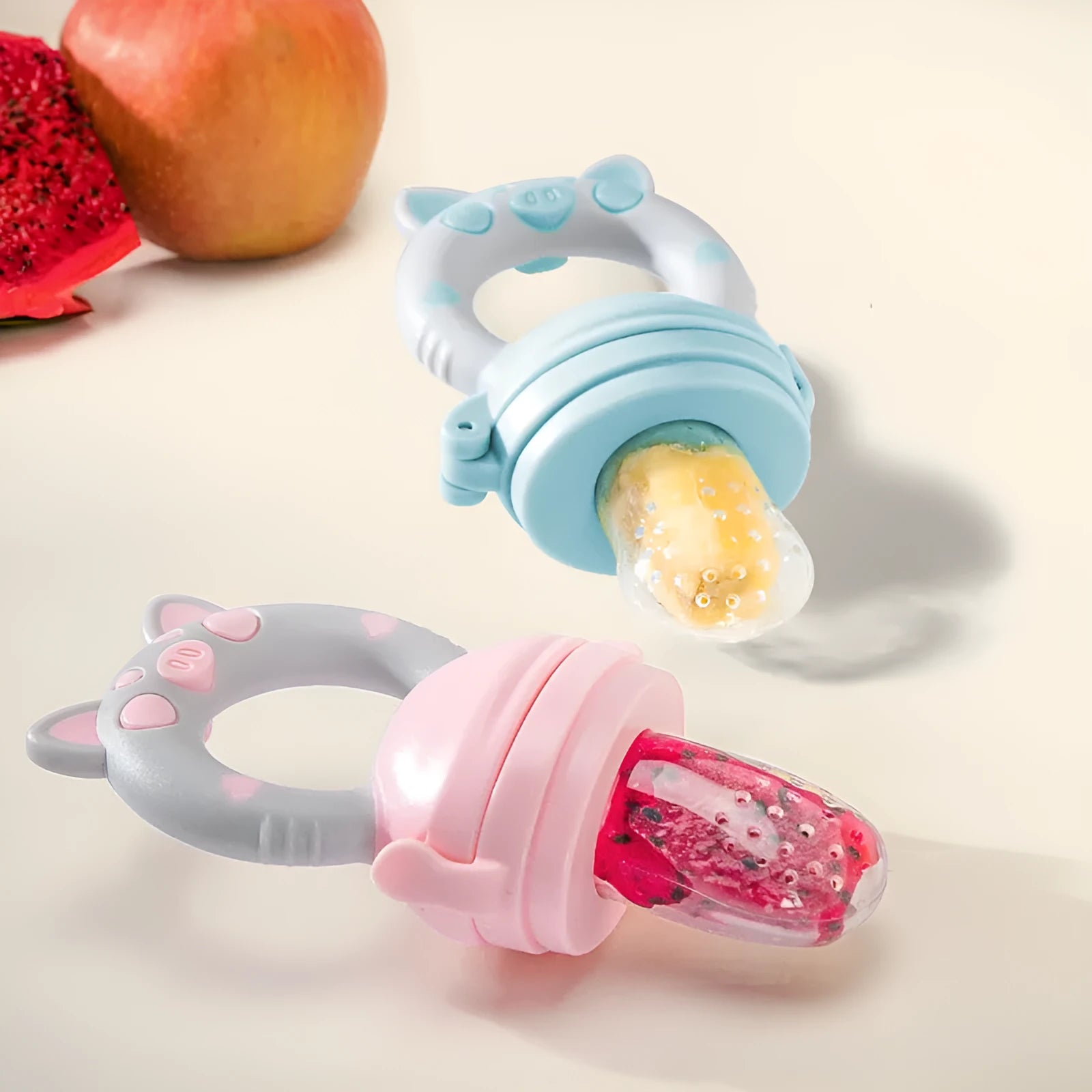A blue silicone baby teether toy with three different textured mouthpieces for chewing.