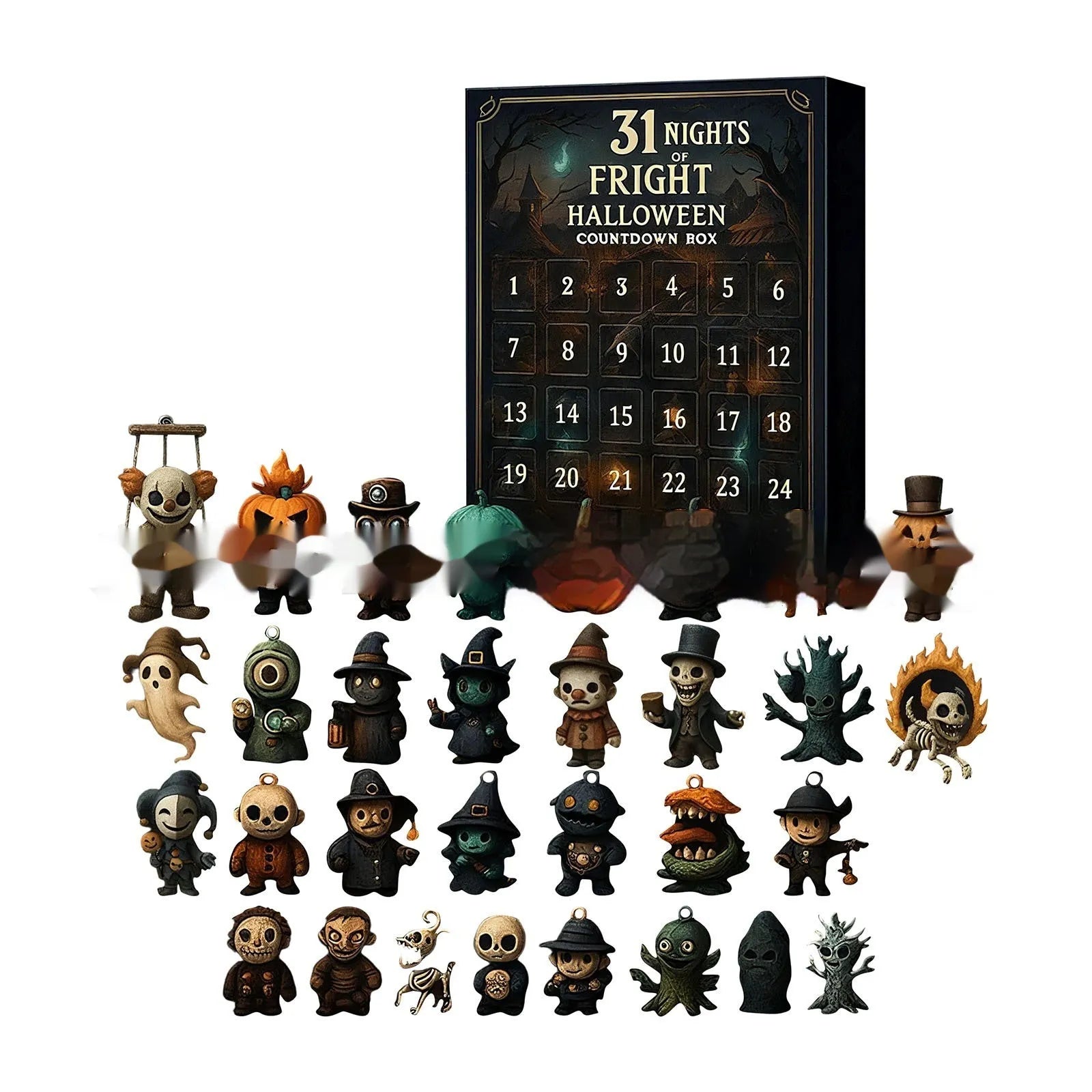 Halloween advent calendar countdown box with horror doll blind boxes, plastic and resin craft.