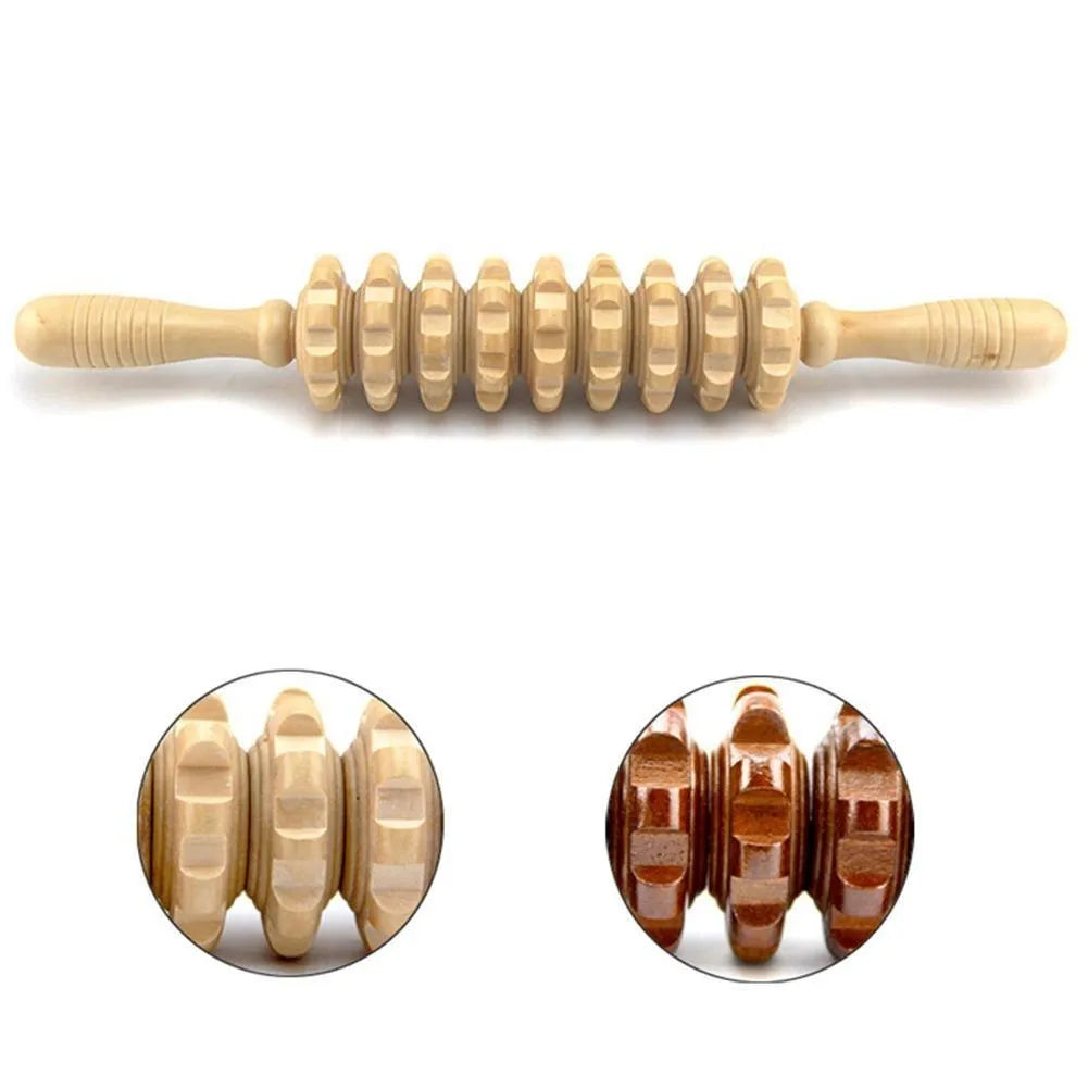 Wooden roller muscle massager stick 39 cm with steel shaft for full body use