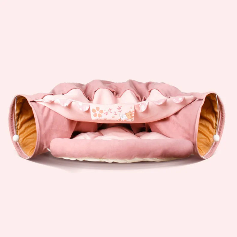 Collapsible cloth cat tunnel in four colour options showing 45cm by 50cm dimensions