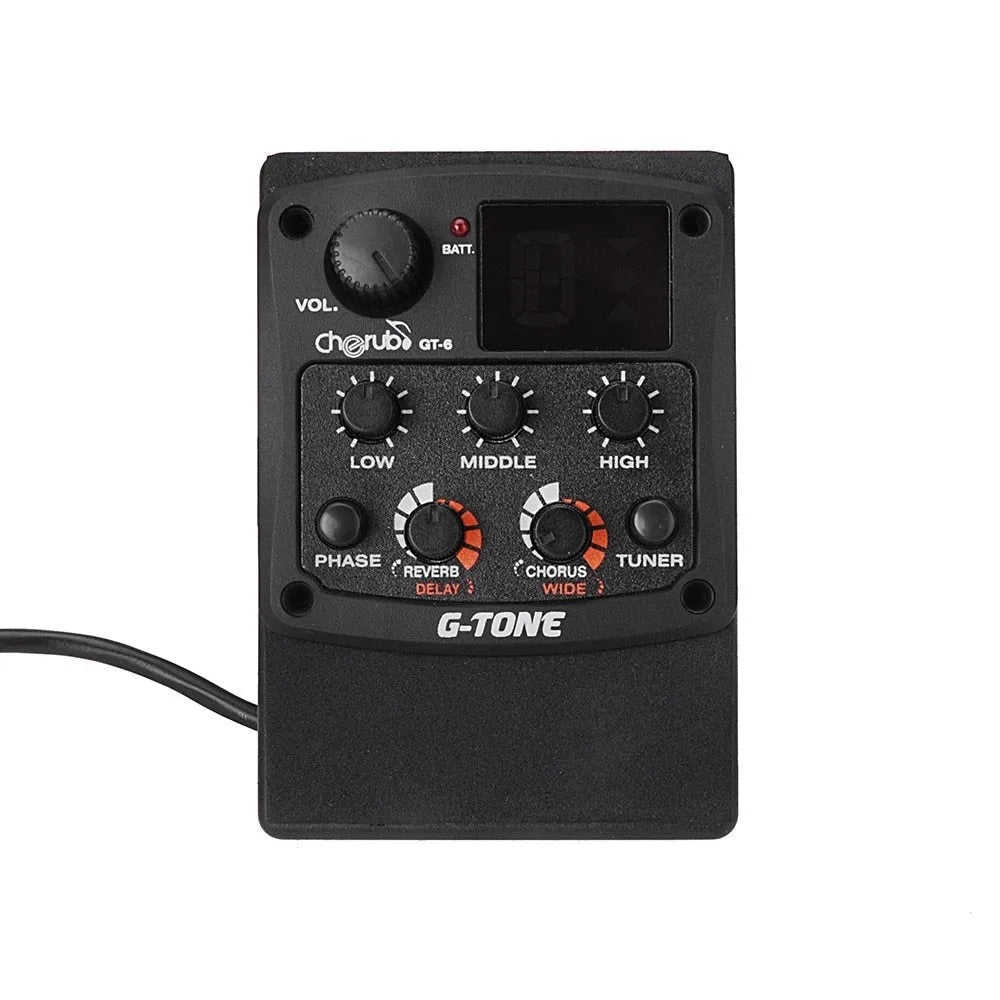 Black Cherub GT-6 acoustic guitar EQ pickup control unit with knobs for tone, volume, and effects.