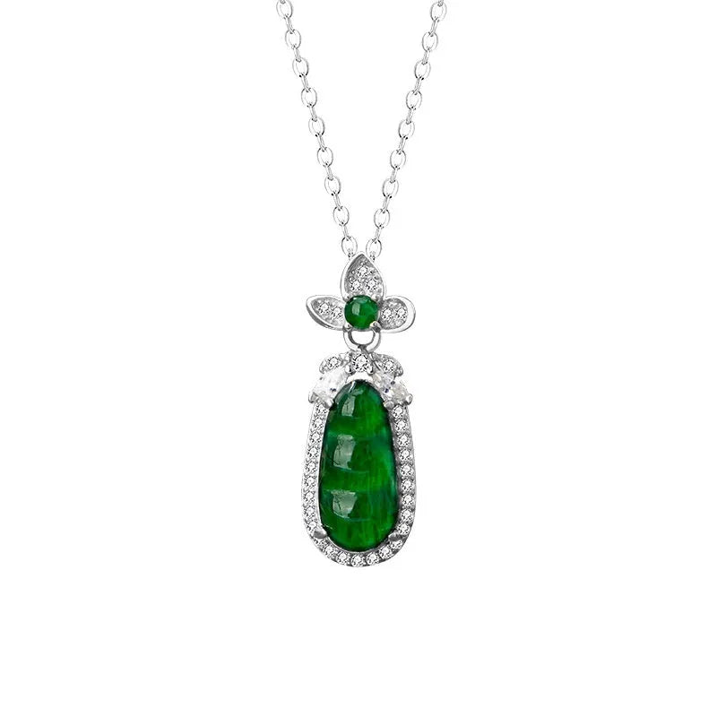 925 sterling silver sauteed green beans flower pendant necklace on cross chain, D1722 style, silver colour