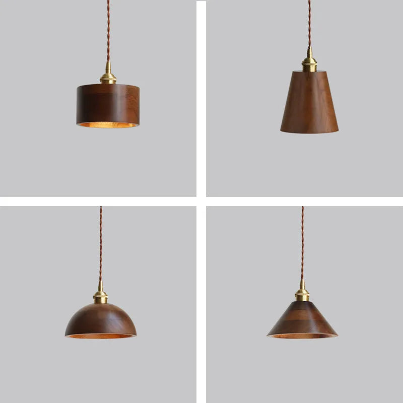 Black walnut and copper art single-head droplight chandelier with a fabric shade.