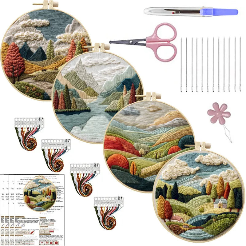 Embroidery DIY kit with landscape printed fabric, threads, needles and 15cm bamboo frame