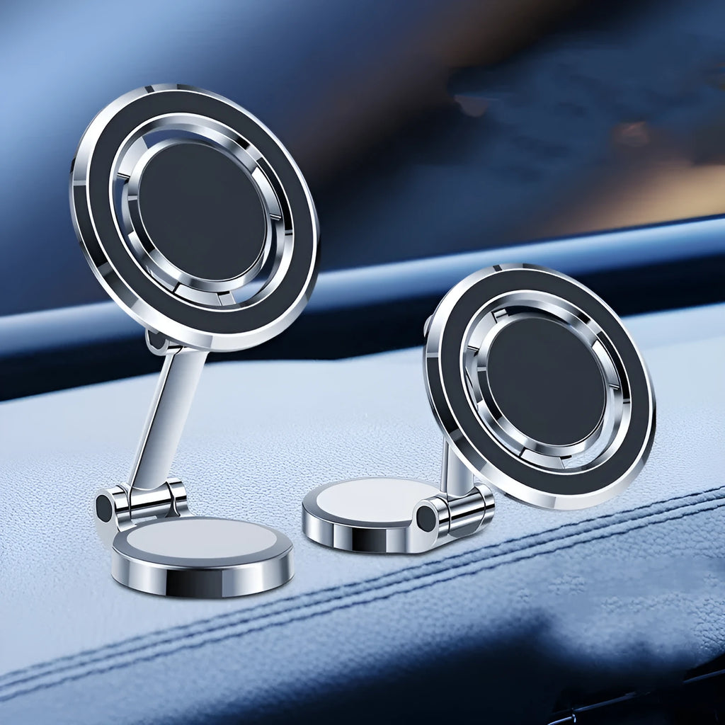 Car dashboard mobile phone holder with flexible clip and magnetic adhesive mount in black or silver.