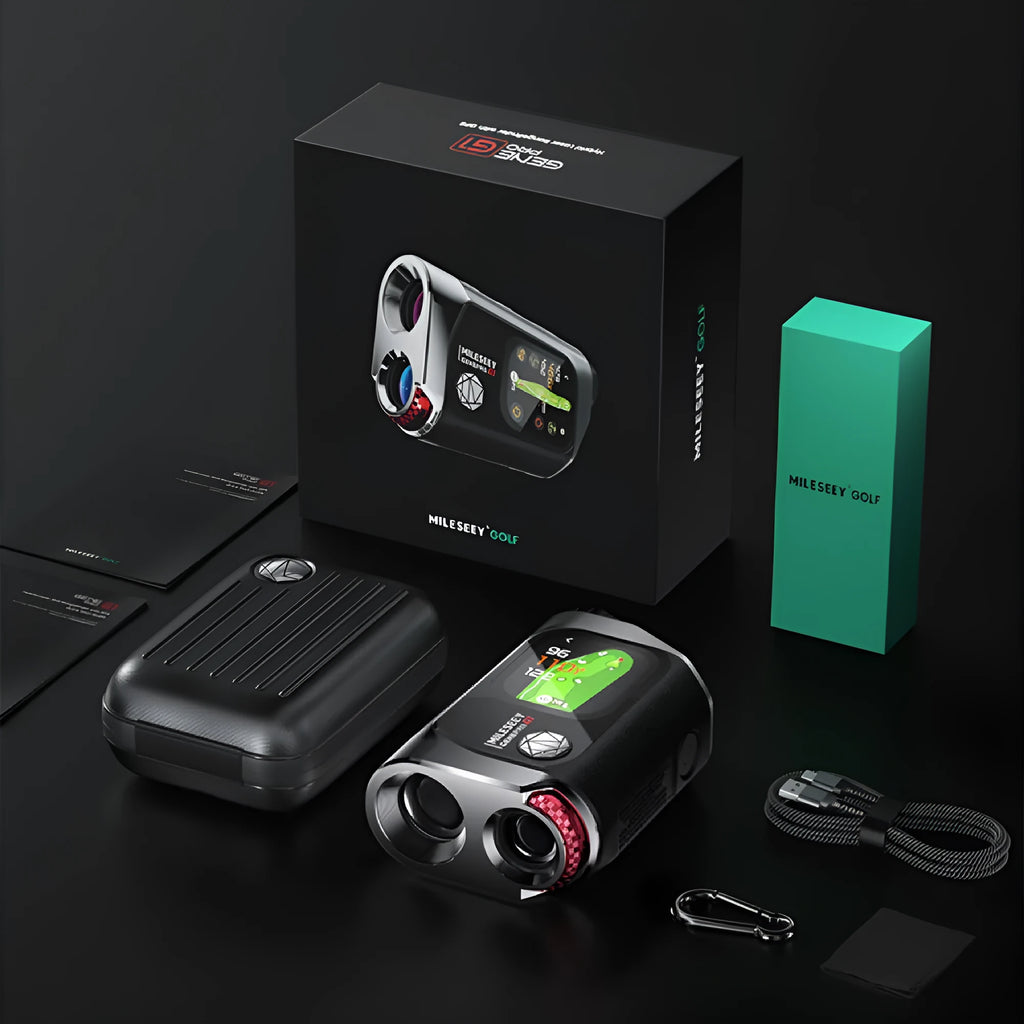 Black GenePro G1 GPS rangefinder with AMOLED screen showing distance measurement display.