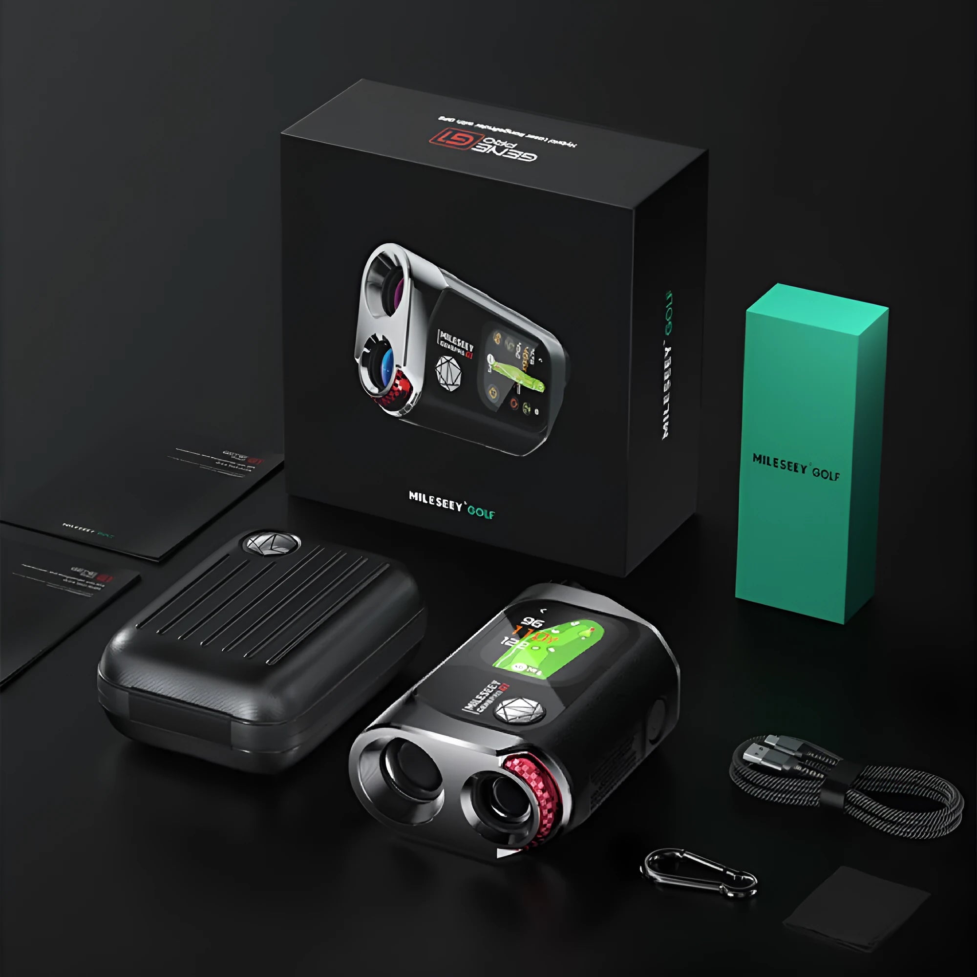 Black GenePro G1 GPS rangefinder with AMOLED screen showing distance measurement display.