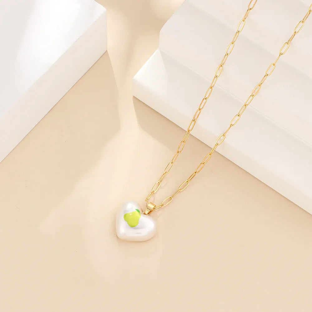 Geometric heart pendant necklace with fruit charm on adjustable 21-50cm chain