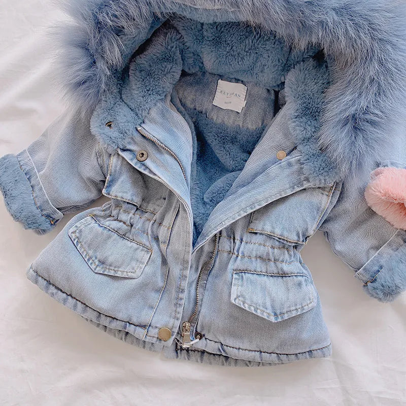 Girls denim coat with fixed hat and plus velvet lining, available in blue and pink, sizes 80cm to 120cm.