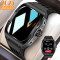 Men's black and blue smart watch with AMOLED screen displaying fitness stats, on a wrist.