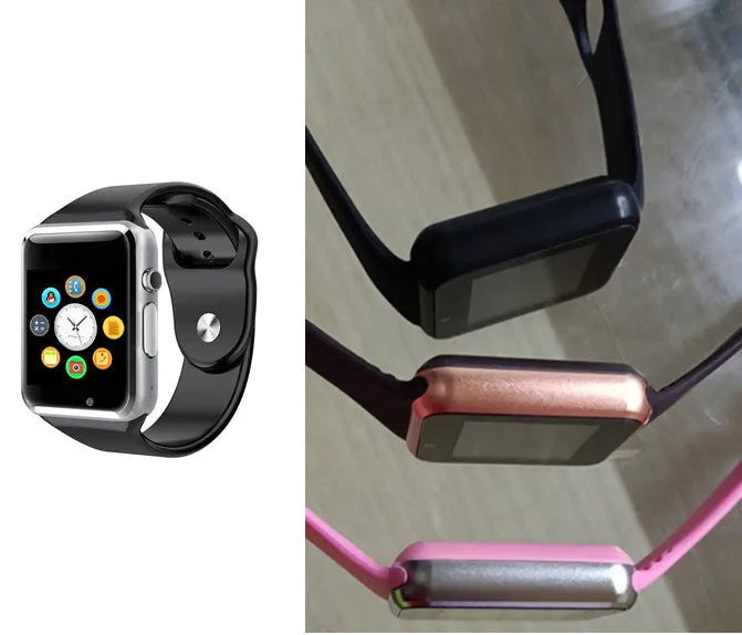 A1 smart watch with 1.54-inch display shown in available colours: black, silver, white, gold, pink, red, green, blue