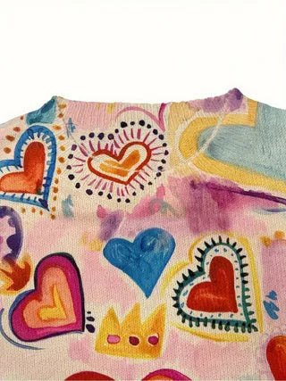 Loose fit digital printed top with V-neck collar and colourful all-over graphic pattern