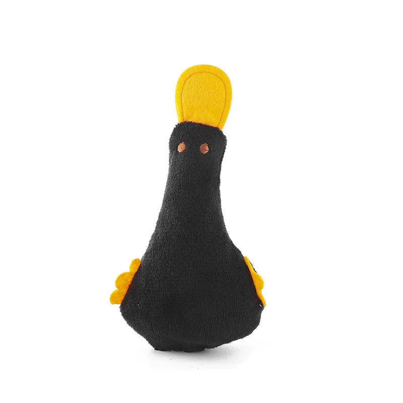 Plush duck dog and cat toy with catnip filling, squeaker, and rattle in blue, pink, yellow, or black
