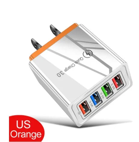 Four-port USB wall charger plug in multiple colours with European or British plug options