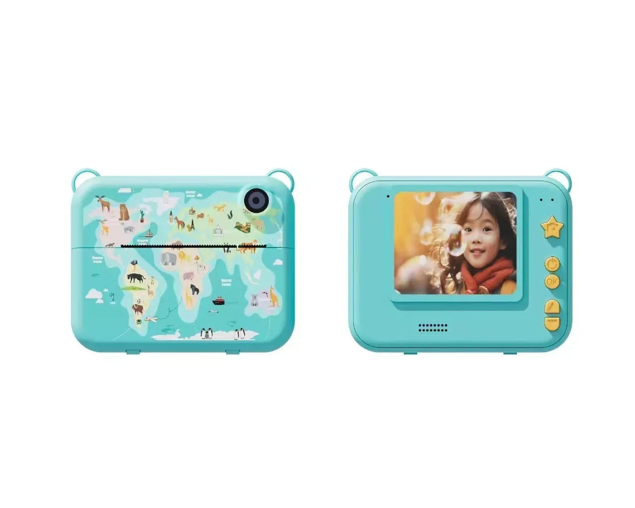 Children's SLR instant print camera in pink with ABS body showing front view