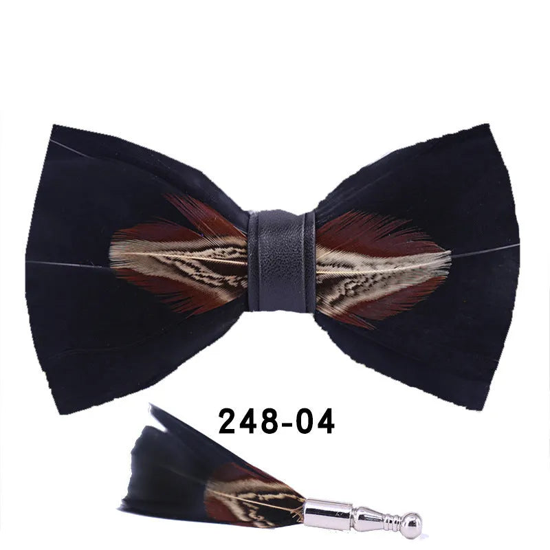 Handmade feather bow tie in polyester yarn, flat head style, 12cm x 6cm, unisex adult size