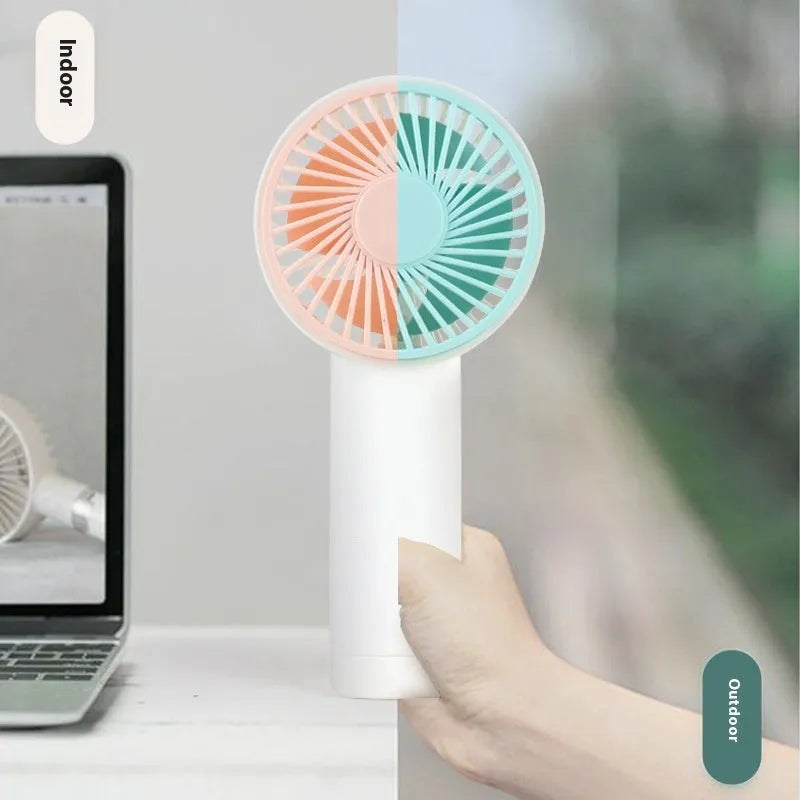 Outdoor portable USB rechargeable handheld fan with three plastic blades, available in multiple colours and cartoon designs