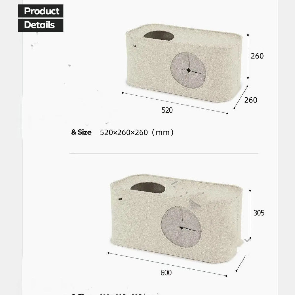 Foldable khaki felt cat bed shown in both unfolded and compact folded positions.