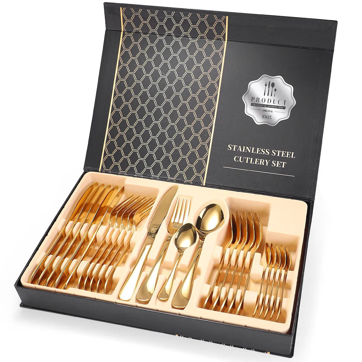 24 piece 18/10 stainless steel cutlery set in Silver style with wood storage box