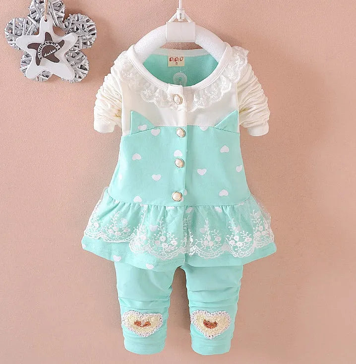 Baby girls cotton two-piece tracksuit set with top and long pants in rose red, pink, yellow and blue, sizes 80cm to 110cm.