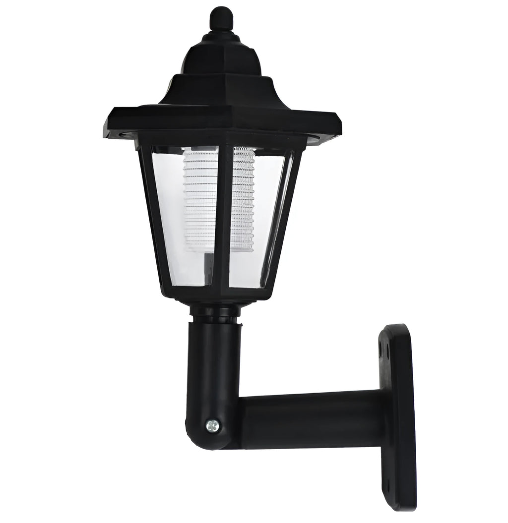 Black hexagonal solar-powered wall lamp with light sensor for outdoor use