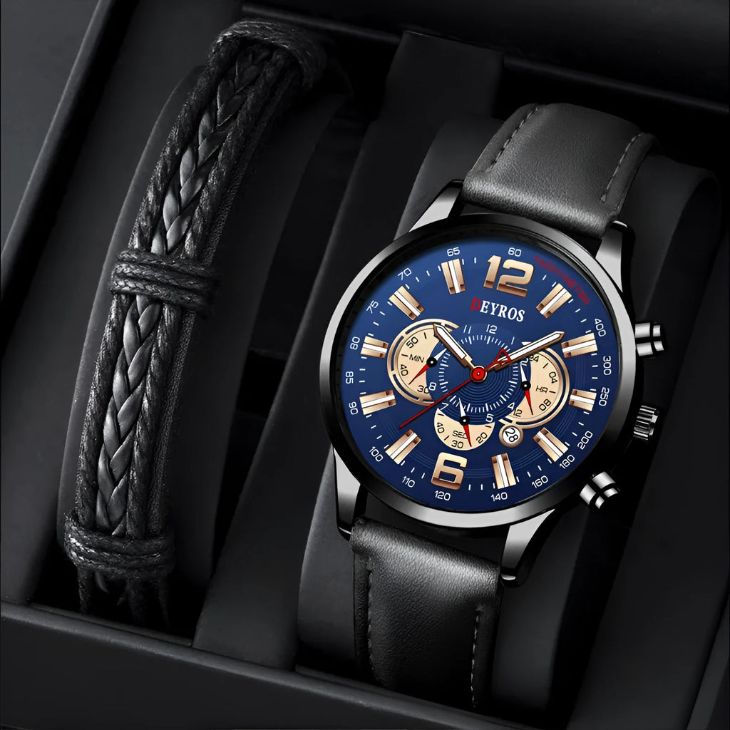 Men's luminous three eye sports watch with 9mm case and black or blue ribbon strap