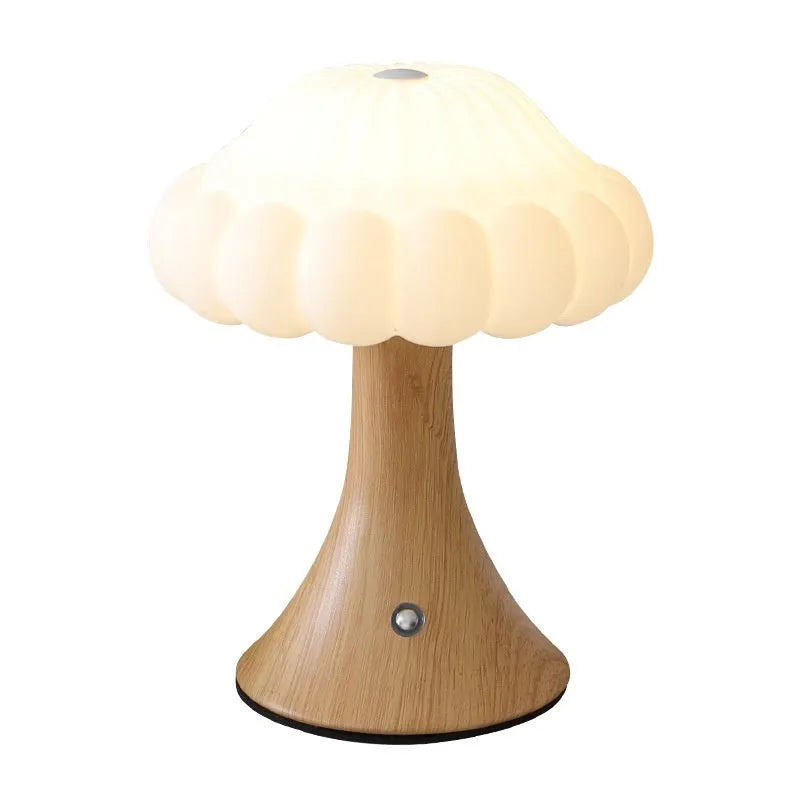 Modern creative mushroom-shaped touch night lamp in wood grain colour, 160mm wide.