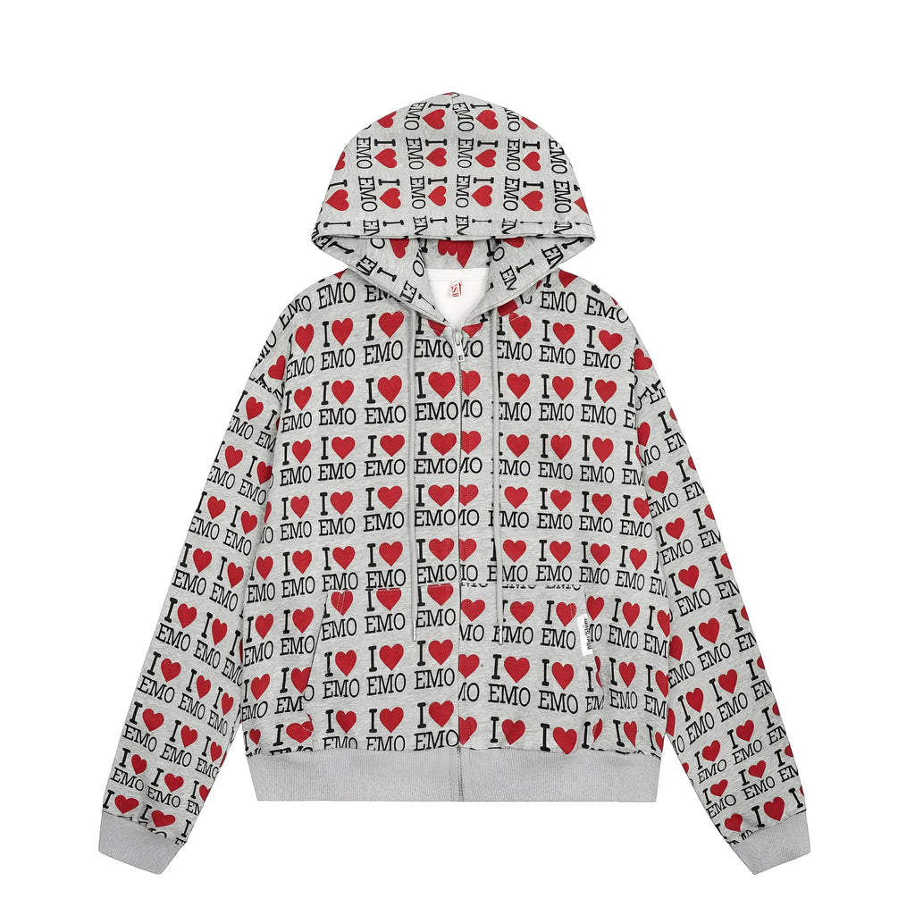 Women's grey retro patterned hooded cotton cardigan on a hanger