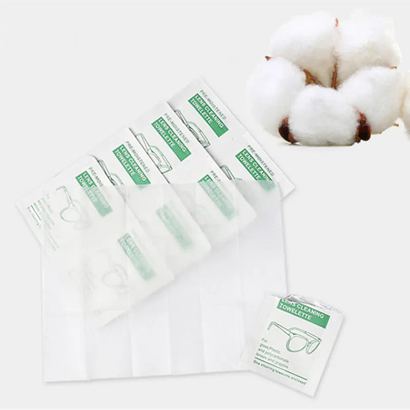 100 individually packaged white quick-drying anti-fog cleaning wipes for lenses and screens.
