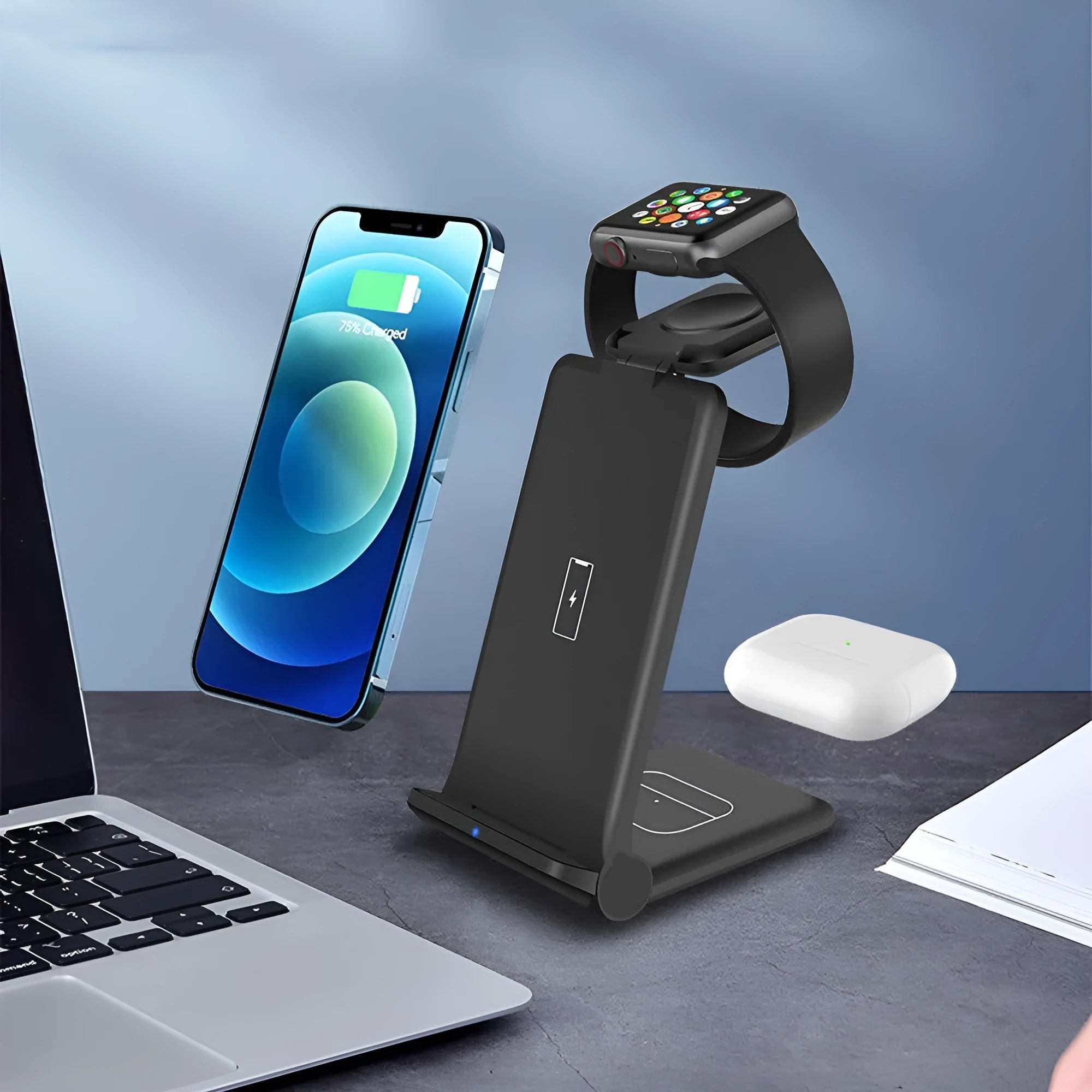 Foldable 3-in-1 wireless charging station dock for phone, Apple Watch and AirPods in black and white.