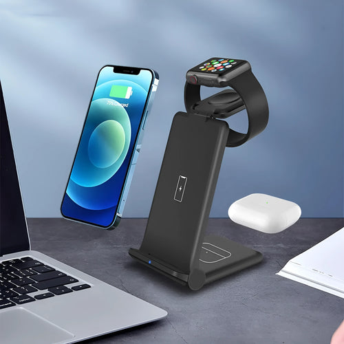 Foldable 3-in-1 wireless charging station dock for phone, Apple Watch and AirPods in black and white.