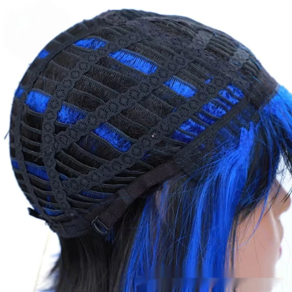 Short bangs synthetic wig in mixed 1B Blue Japanese silk fibre with non-hot dyed colour