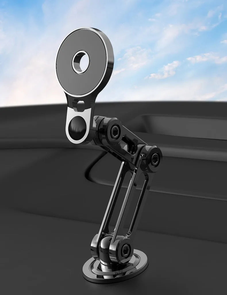 Black magnetic car phone holder with suction base and 360-degree rotation mechanism for universal smartphone mounting
