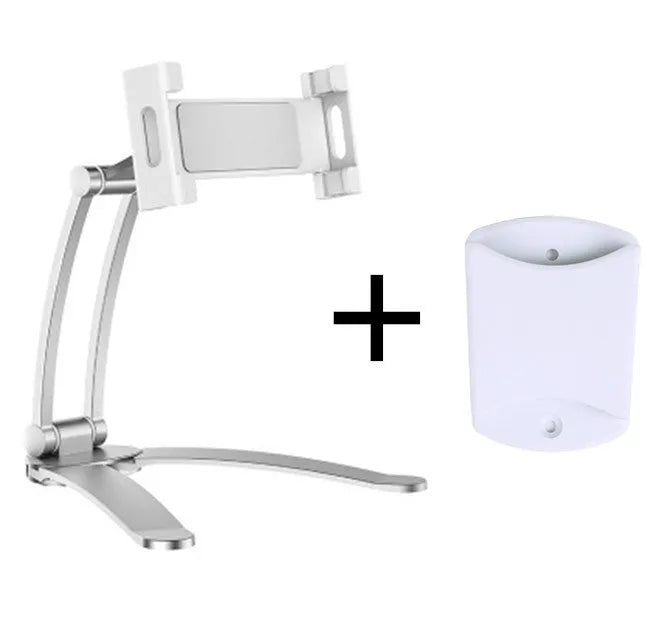 Silver aluminum alloy desktop stand holding a tablet at an angle, showing its adjustable clip and 360-degree rotation base.