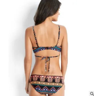 Women's ethnic print sexy bikini with cross straps and chest pads