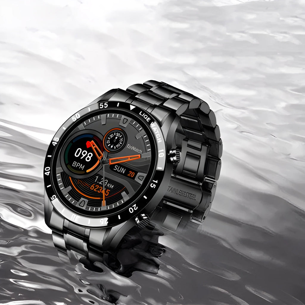 Smart watch with stainless steel band and 1.3 inch touch screen showing activity tracking display