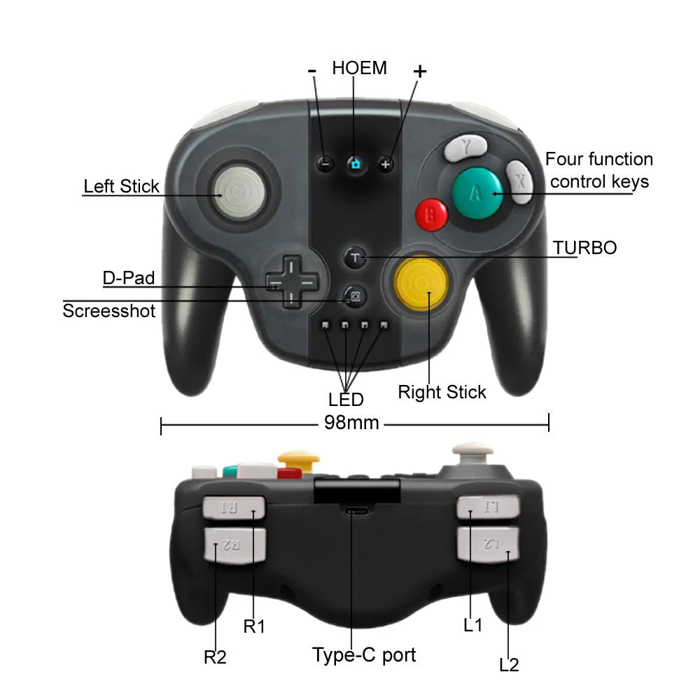 Black wireless gamepad for Nintendo Switch and PC with Bluetooth, NFC, and gyroscope functions.