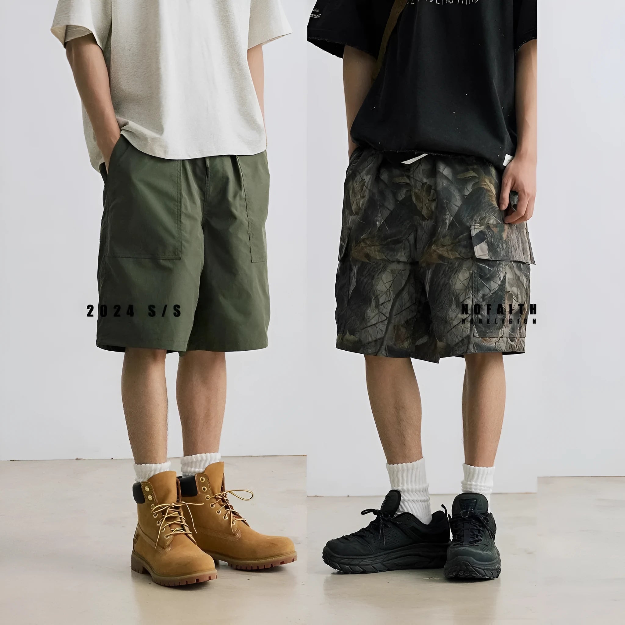 Loose fit straight-leg denim shorts in black or army green on a hanger, showing mid-waist and zip fly detail.