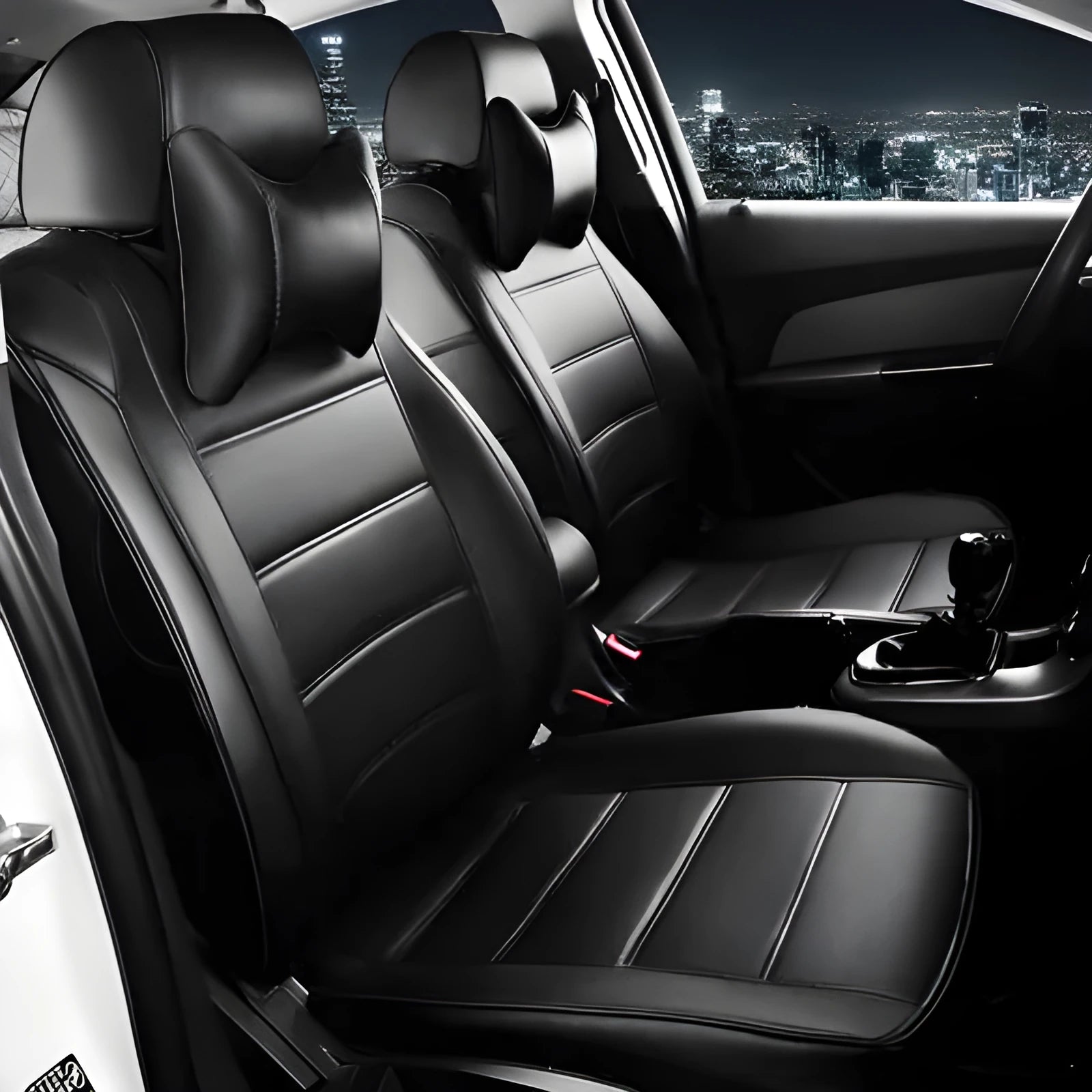 Cow leather car seat cover in a binding style, shown in beige and black with red colour variants.