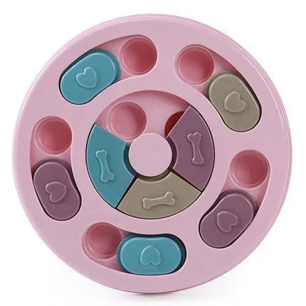 Blue dog puzzle toy with sliding parts on a wooden floor, suitable for small dogs and cats