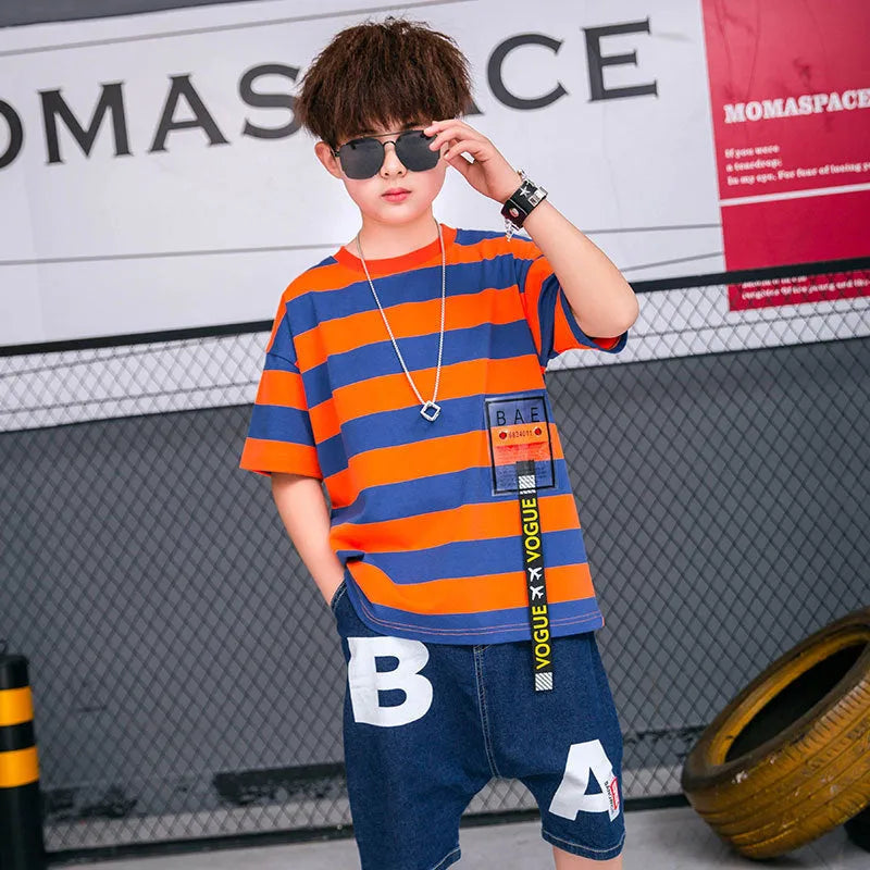 Tide Brand Korean version pure cotton striped childrens short sleeve top in red available in 130-170cm sizes