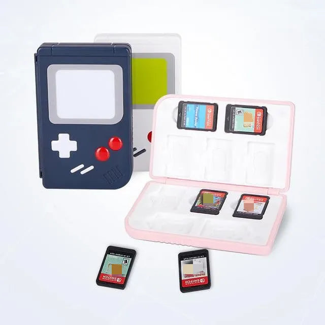 A small blue plastic storage box for Nintendo Switch game cards, shown closed.
