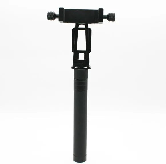 Black retractable selfie stick extended with smartphone attached in adjustable clamp