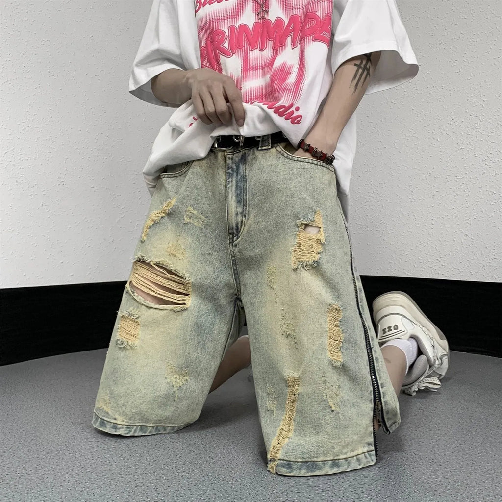 Retro yellow men's cargo shorts with ripstop denim, five pockets, and button fly closure