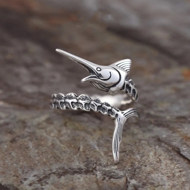 Retro silver fish ring with open mouth, zinc alloy, flying fish carp design
