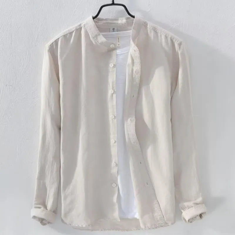 A loose-fit long sleeve casual shirt in a cotton linen blend, shown in a solid colour.