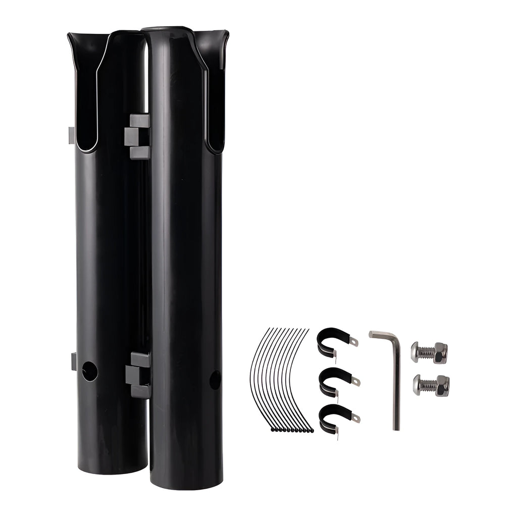 Plastic fishing rod rack with pipe clamp mounted on a bicycle frame