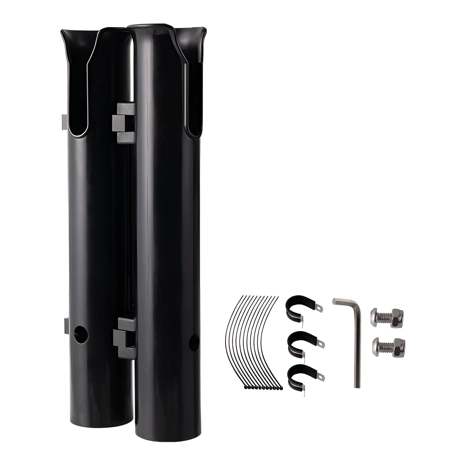 Plastic fishing rod rack with pipe clamp mounted on a bicycle frame