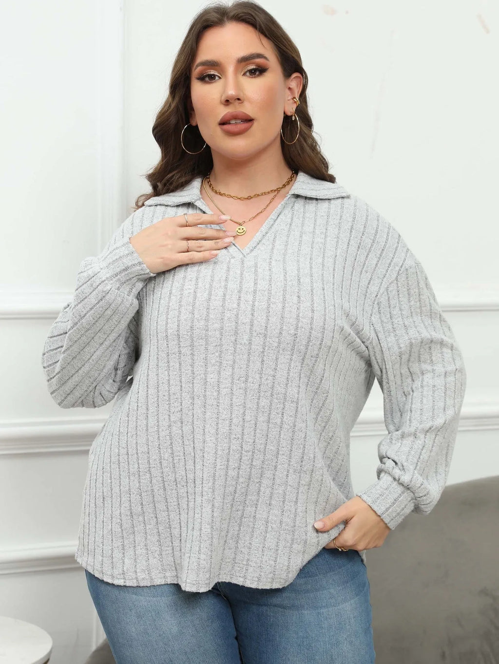 Women's plus size polo collar polar fleece shirt with lantern sleeves in melange gray